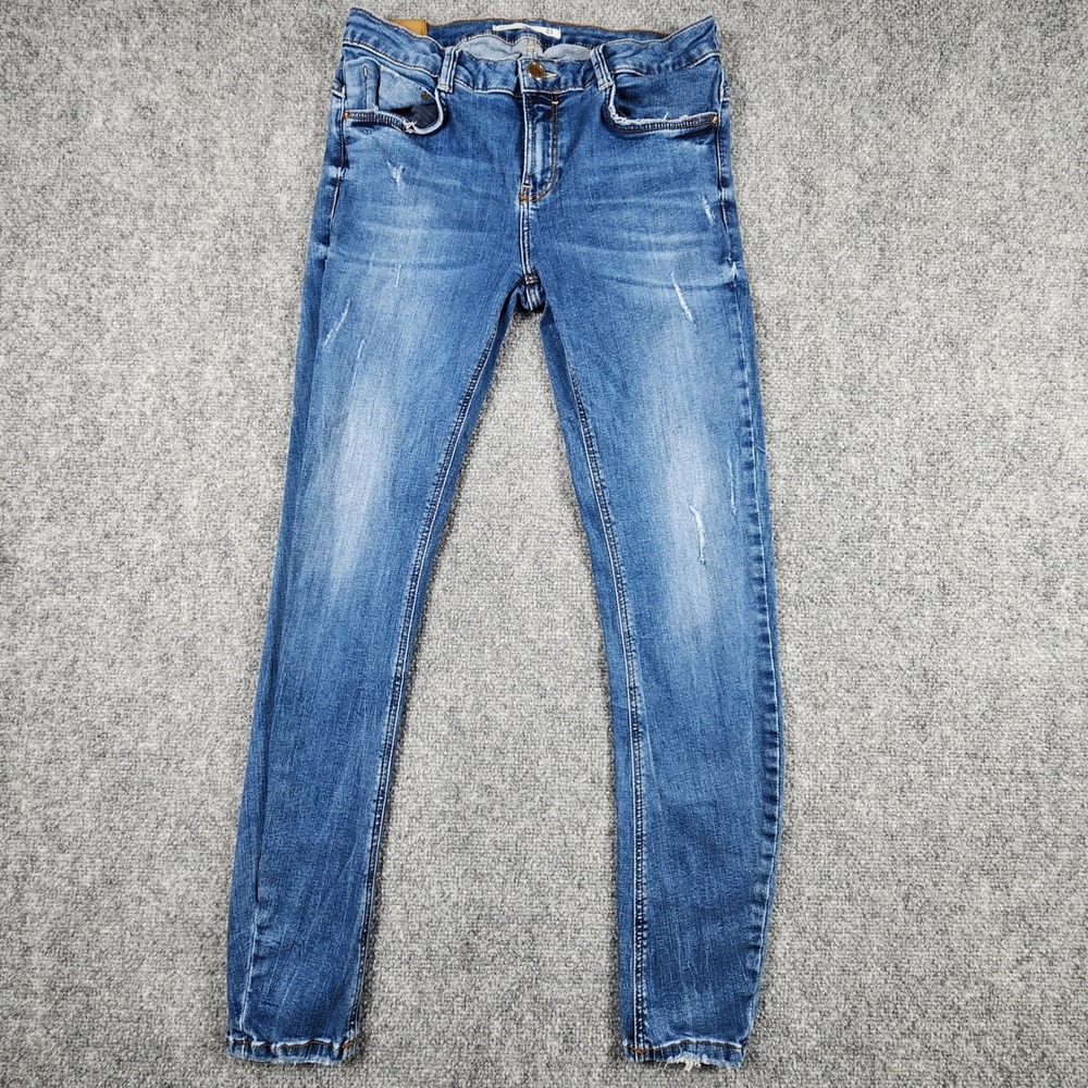Zara Trafaluc Embrace Denim Skinny Jeans Medium Wash Blue Distressed Size 4